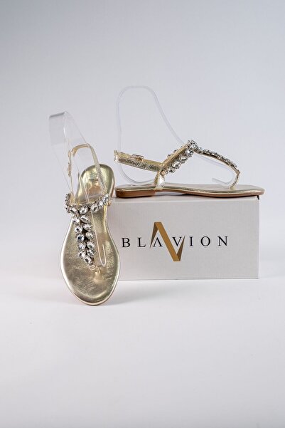 Oblavion Lavion New Season Genuine Leather Gold Row Stoned Daily Women's Sandals