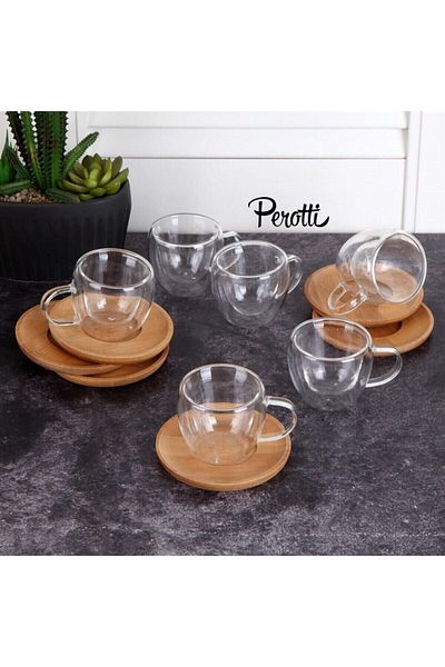Perotti 12 Piece Double Walled Bamboo Saucer Cup Set with Handle