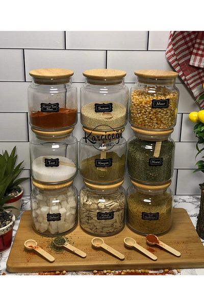 Karçiçeği Home 9-Piece Bamboo Spice Jar Set with 500ml Spoon + Label