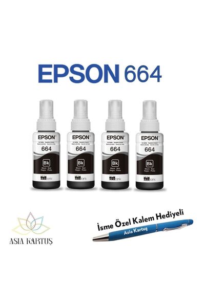 EPSON EcoTank L110 Uyumlu Epson T664 Mürekkep Kartuşu (T664 4Lü Siyah) ve İsi...