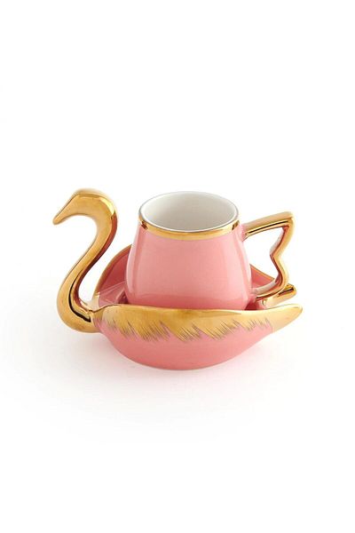 Karçiçeği Home Set of 2 Gold Gilded Swan Coffee Cups - Pink