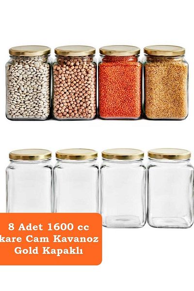 Karçiçeği Home 8-Piece 1600 Ml Glass Jar with Corner Lid - Gold Lid