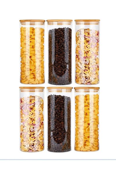 Karçiçeği Home 6-Piece 1400 ml Glass Spice Bowl with Bamboo Lid, Dragee and Food Container