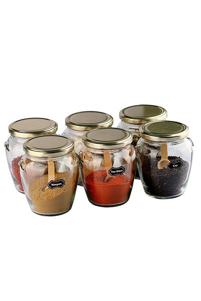 Karçiçeği Home 6-Piece 580 cc Glass Jar with Lid - Gold Lid and Label