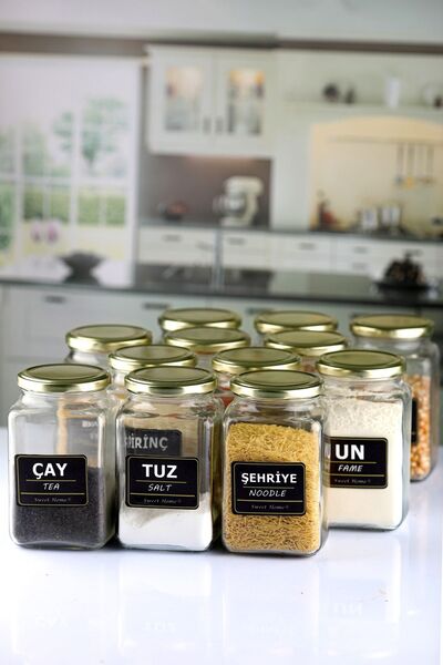 Karçiçeği Home 12'li Gold Kapaklı 850cc Köşeli Etiketli Cam Baharat Ve Bakliy...