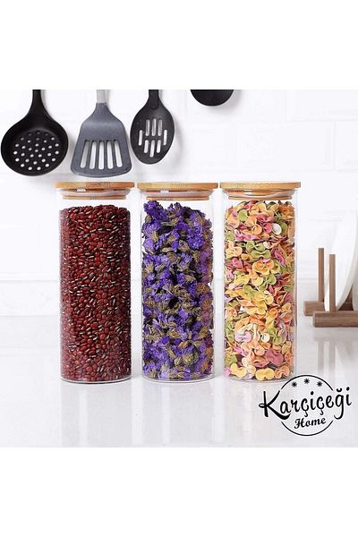 Karçiçeği Home 6-Piece 1400 ml Glass Spice Bowl with Bamboo Lid, Dragee and Food Container