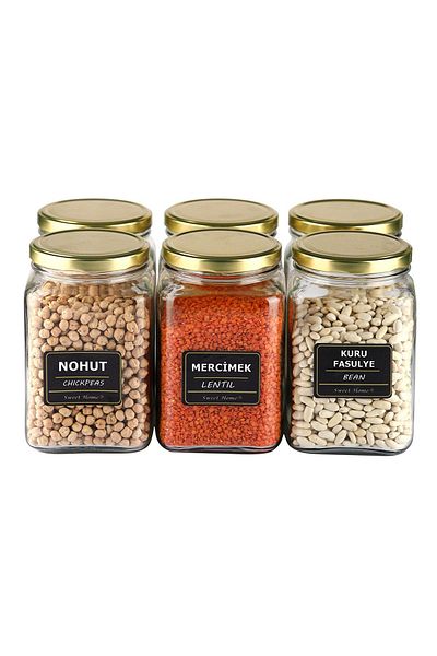 Karçiçeği Home 850Cc Cornered Labeled Glass Spice and Condiment Jar with 6 Gold Lids