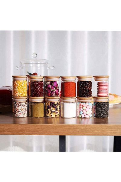 Karçiçeği Home Set of 12 200 ml Jar Borosilicate Glass Storage Container Bamboo Vacuum Lid Spice Jar Snack Bowl