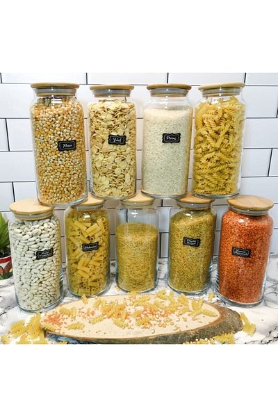 Karçiçeği Home Concept Bamboo Vacuumed 1.3 Lt Glass Jar with Lid Set of 9