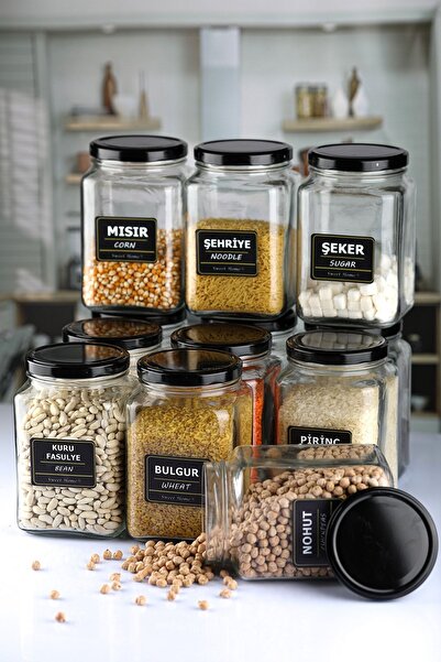 Karçiçeği Home 12 Adet 1600 Cc Köşeli Etiketli Cam Baharat Ve Bakliyat Kavanozu Siyah Kapaklı