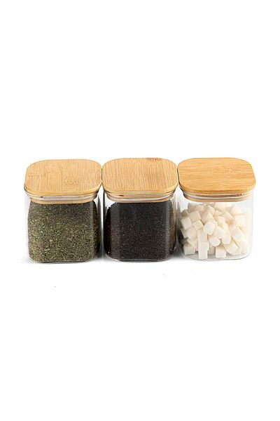 Karçiçeği Home 3 Piece Square Jar 800ml Luxury Vacuum with Bamboo Lid