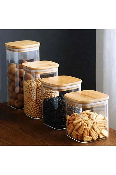 Karçiçeği Home Bamboo Square Vacuum Lid Borosilicate Glass Jar Food Storage Container Set of 4