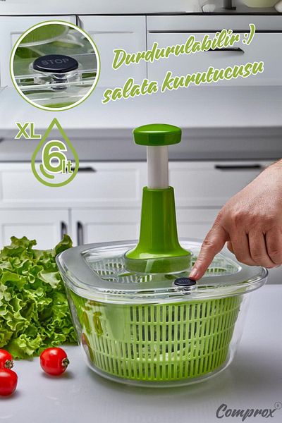 Comprox Green 6LT Manual Vegetable Dryer - XL Practical Salad Dryer (With Stop Button)