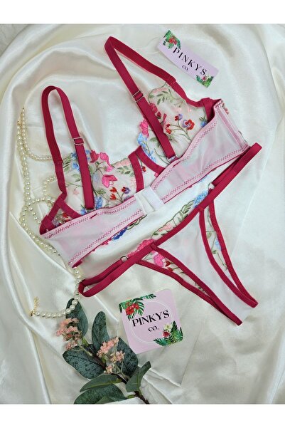 RABİA BOZTEPE Roșu Roz Inimă Dantela Broderie Transparentă Sexy Fancy Underwire Crăciun Sutien Bralet Chiloți Set