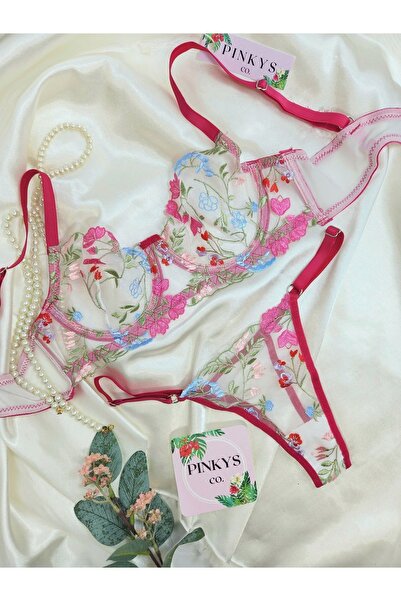 RABİA BOZTEPE Roșu Roz Inimă Dantela Broderie Transparentă Sexy Fancy Underwire Crăciun Sutien Bralet Chiloți Set