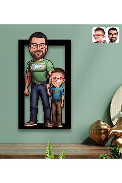 Bk Gift Kişiye Özel Baba-Oğul Karikatürlü 3D Ahşap Tablo-1, Babalar Günü Hedi...