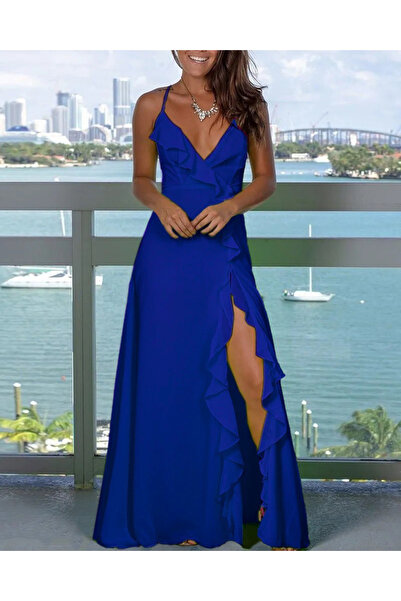 Viyamo Yeni Sezon Kadın Kolsuz Ip Askılı Dekolteli Krep Kumaş Yırtmaç Detay D...