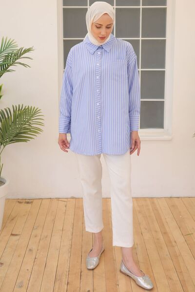 benguen 12023 Çizgili Gömlek Mavi