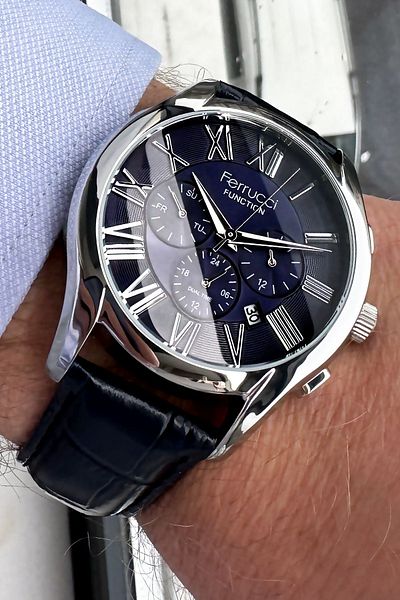 Ferrucci Men's Function Wristwatch - 3 Atm Waterproof, Navy Blue Leather Cord, Bracelet Gift Cbk597