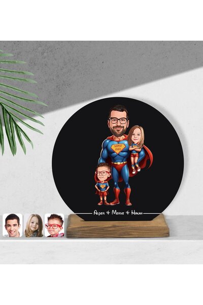 Bk Gift Kişiye Özel Süper Baba-Oğul Karikatürlü Yuvarlak Ahşap Biblo-2, Babal...