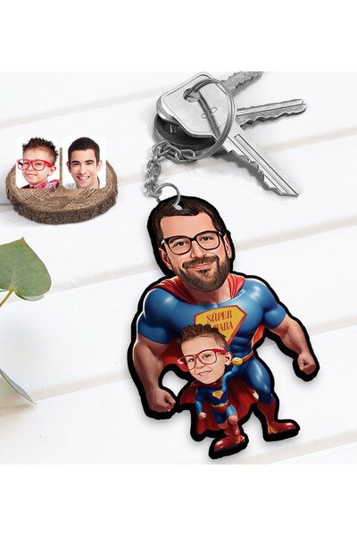 Bk Gift Kişiye Özel Süper Baba-Çocuk Karikatürlü  Ahşap Anahtarlık-1, Babalar...