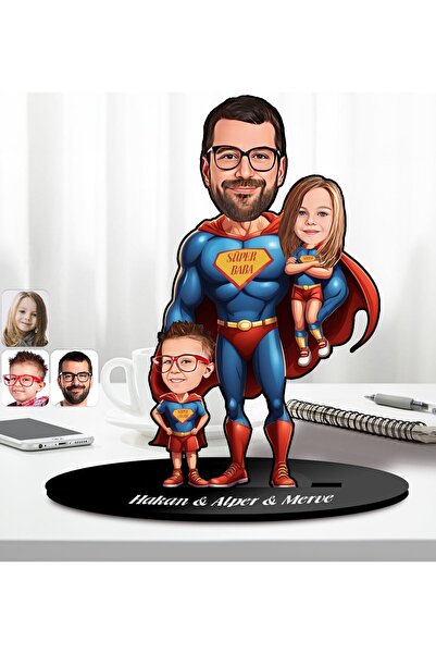 Bk Gift Kişiye Özel Süper Baba-Çocuk Karikatürlü Ahşap Biblo-2, Babalar Günü ...