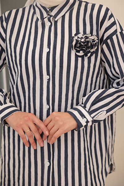benguen 2094 Model Navy Blue Striped and Rose Accessory Shirt