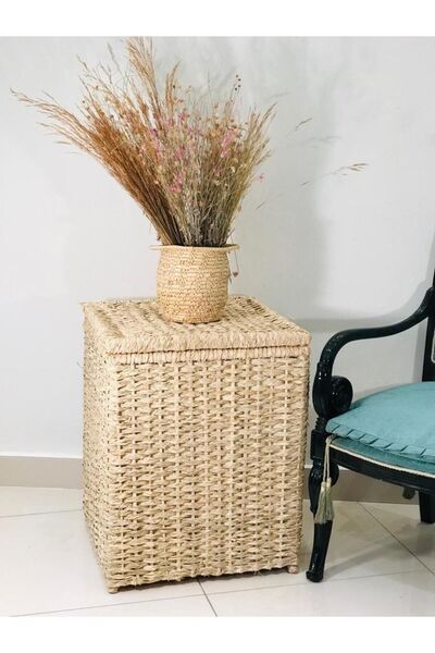 Savana El Yapımı Sanatları Sativus Hasır Sehpa (KAPAKLI SANDIK /DÜZENLEYİCİ/OYUNCAK SEPETİ) 57x51x51 Cm