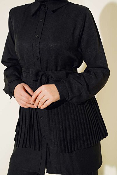 Bold Grup Women's Skirt Pleated Linen Shirt Pants Double Set