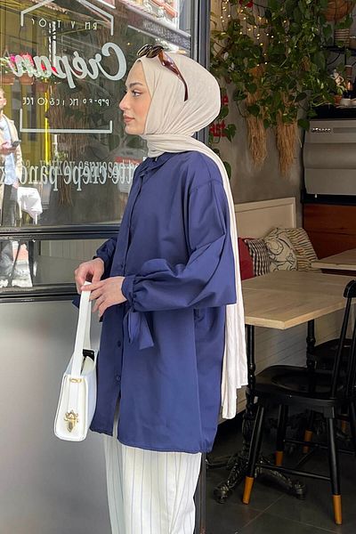 lamelif Πουκάμισο με λεπτομέρεια μανίκι μπλε ναυτικό