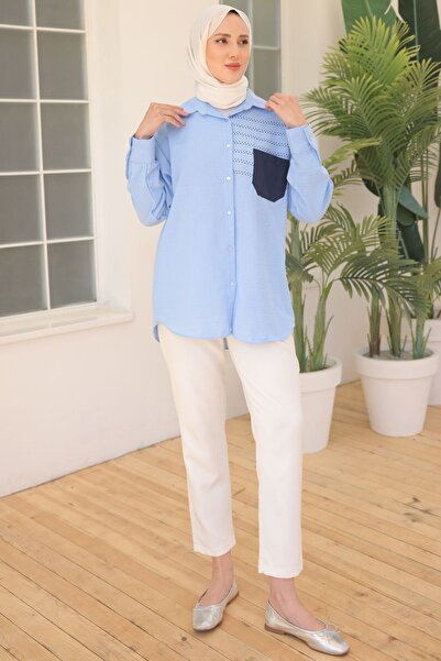 benguen 2061 Model - Light Blue Shirt with Embroidery and Pockets