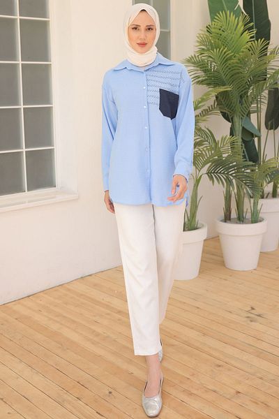 benguen 2061 Model - Light Blue Shirt with Embroidery and Pockets