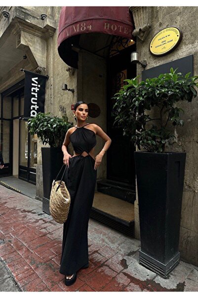 KUPAKIZI Kadın Siyah Keten Uzun Elbise