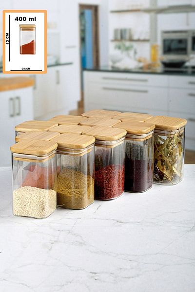 Karçiçeği Home Pack of 12 400ml Square Bamboo Glass Jars with Lids Luxury Series