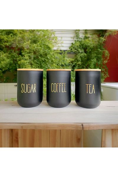 YzHome 1300ML Capacity 3-Piece Vacuum Bamboo Glass Tea Coffee Sugar Jar Storage Set