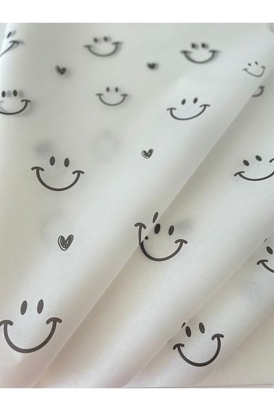 eylülün etiket fabrikası Smile / Smile and Heart Patterned White Tissue Paper / Packaging Paper - 100 Pieces / 50x70 cm.