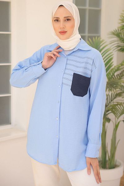 benguen 2061 Model - Light Blue Shirt with Embroidery and Pockets