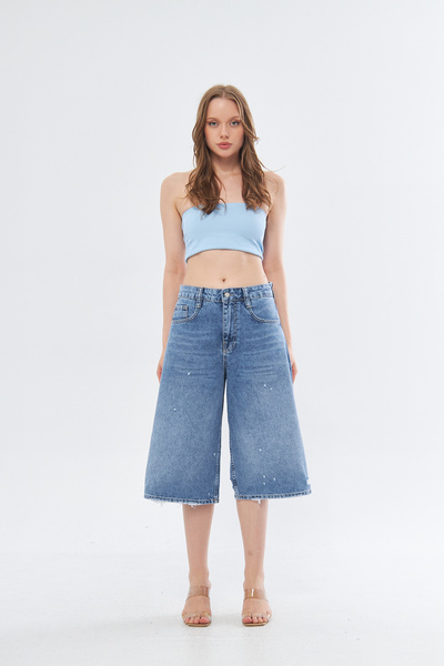 cracpot TREND Süper Baggy Paça Lazerli Midi Boy  Denim Şort