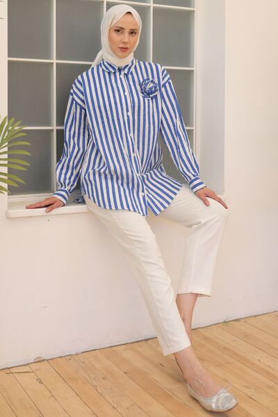 benguen 2094 Model Blue Striped Shirt with Rose Accessories