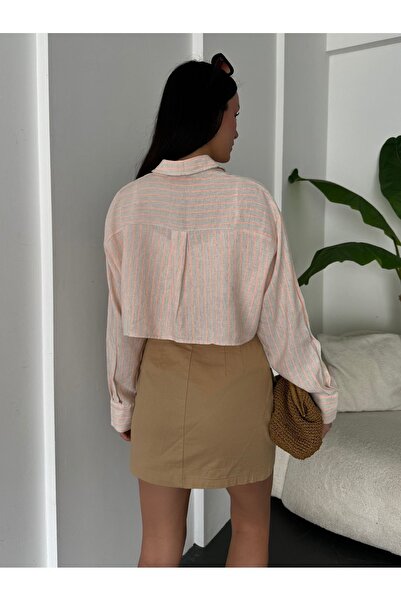 minaaise Neon Striped Orange Linen Crop Shirt - 25417