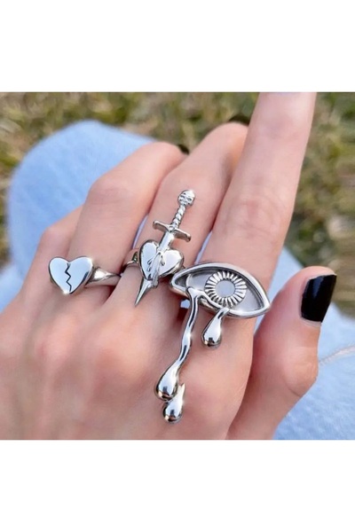 toptanhanem مجموعة خواتم قوطية عتيقة مكونة من 3 قطع - تصميم جمجمة القلب والعي...