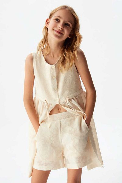NK Girl's Cream Shirt Dress - Model Shirt and Shorts