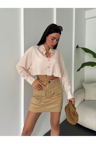minaaise Neon Striped Orange Linen Crop Shirt - 25417