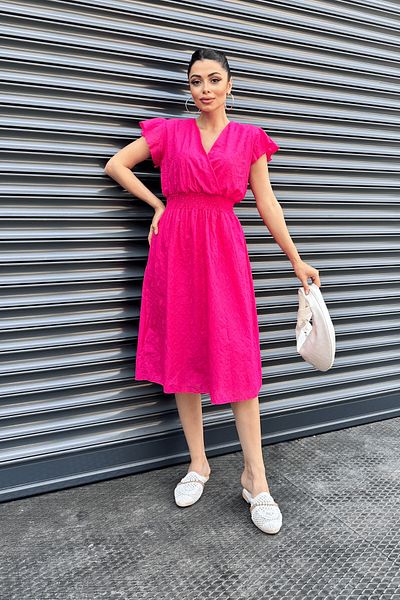 giyimmasalı Fuchsia Double-breasted Collar Scallop Fabric Dress
