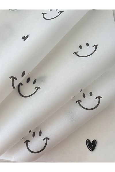 eylülün etiket fabrikası Smile / Smile and Heart Patterned White Tissue Paper / Packaging Paper - 10 Pieces / 50x70 cm.