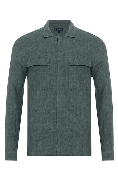 Germirli Green Linen Tailor Fit Jacket - Hidden Button and Delave Detailed Shirt