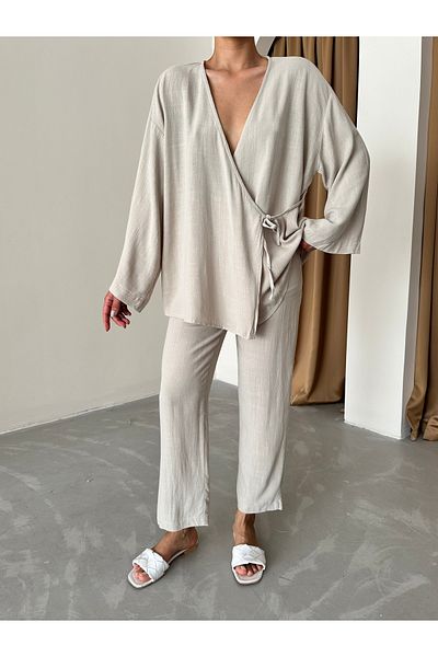 Laluvia Cotton Double-breasted Kimono and Pants Set - Stone Color