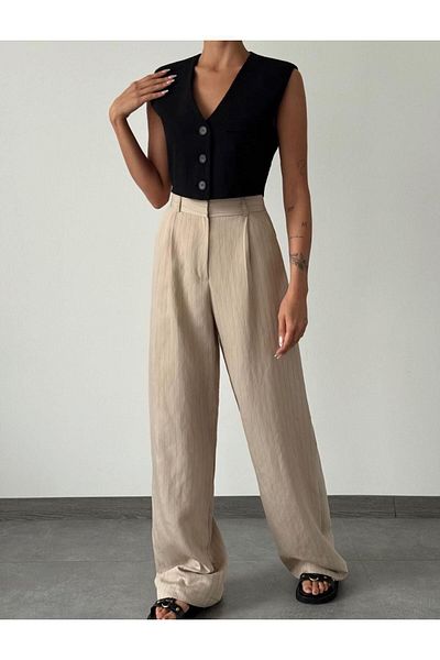 Quzu Beige Striped Linen Palazzo Trousers