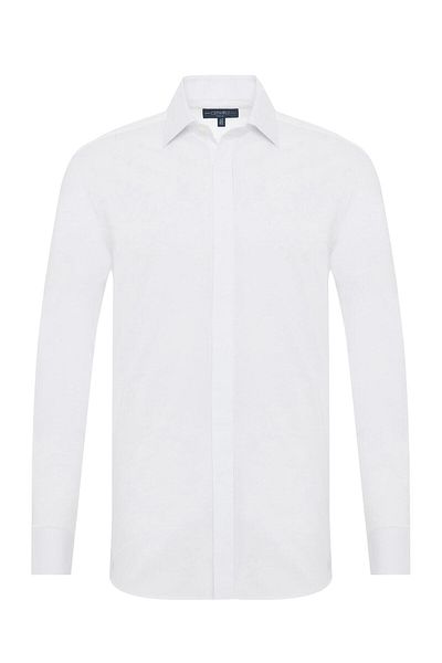 Germirli Poplin Textured White Tailor Fit Shirt - Hidden Placket, Elastane, Classic Collar