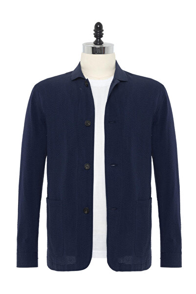 Germirli Lacivert Seersucker Doku Tailor Fit Pamuk Beyoğlu Ceket Gömlek
